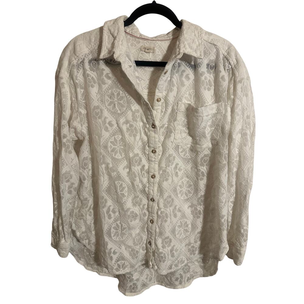 Pilcro Anthropologie White Lace Button Down Shirt Large L